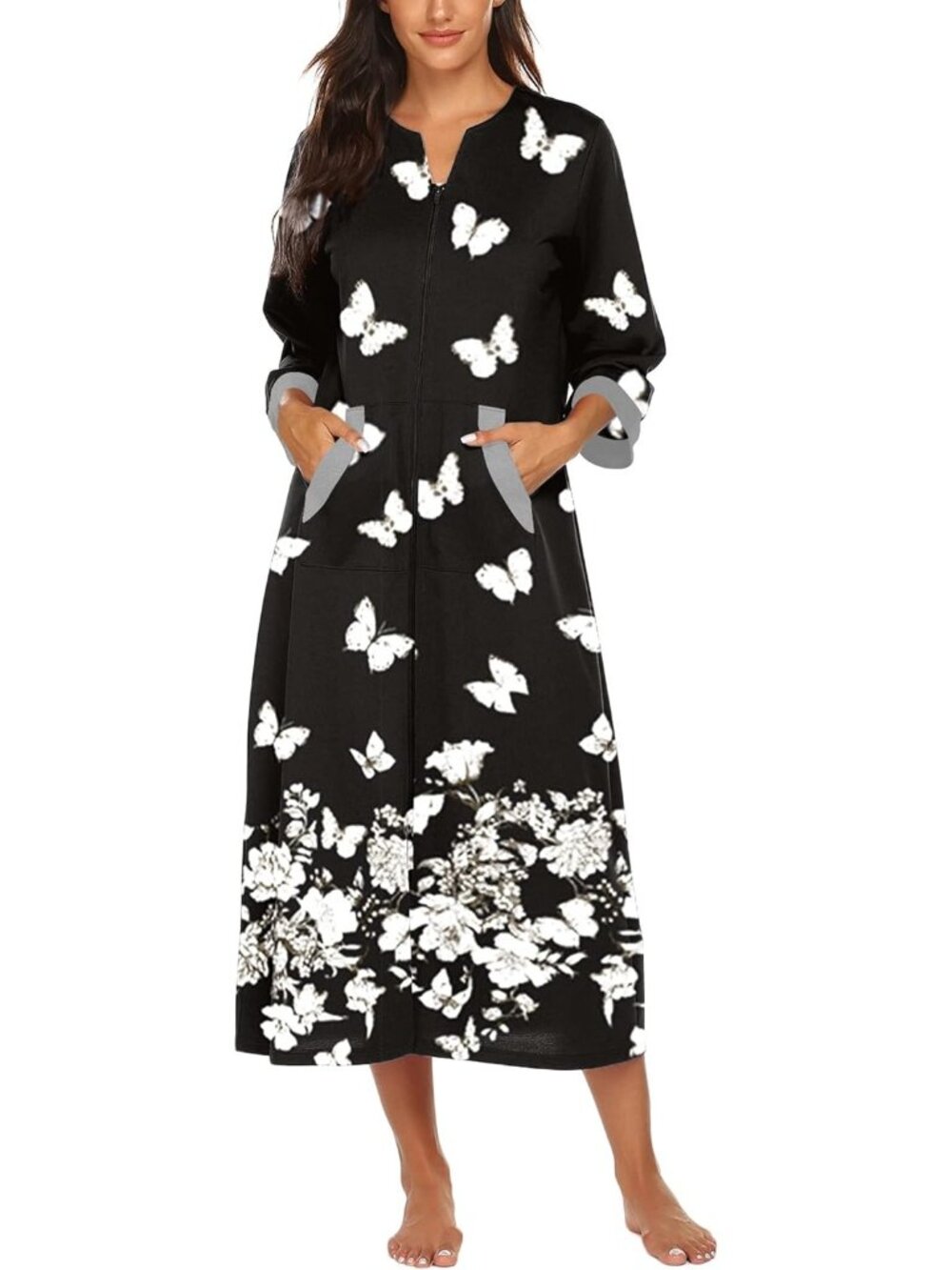 〽️Women's Bathrobe Black Butterfly 3/4 Sleeves Zipper Loungewear Long Nightgown